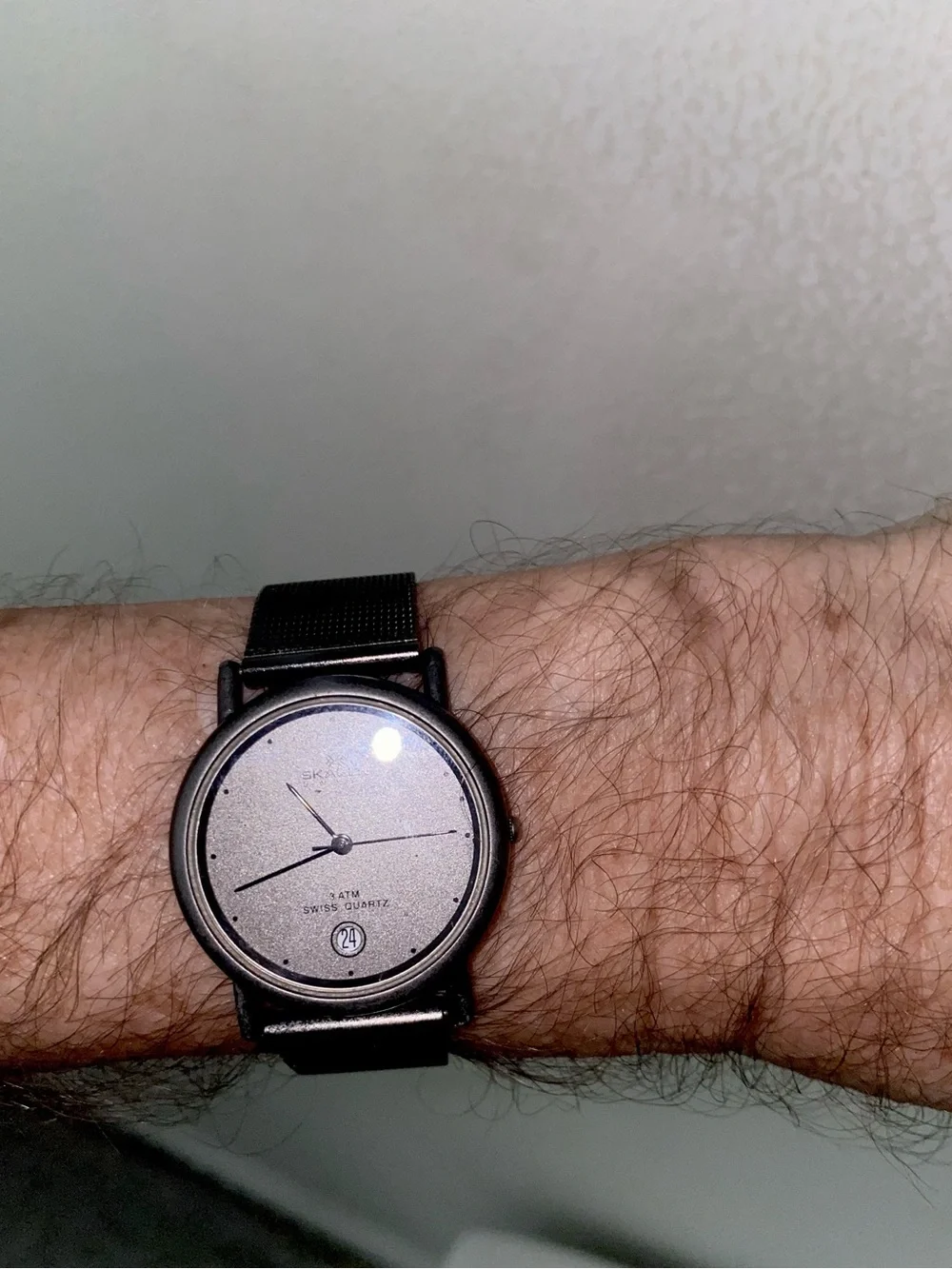 Skagen Unisex Minimalist Gunmetal Case/Mesh Band Watch. Calendar and a 2nd Hand.